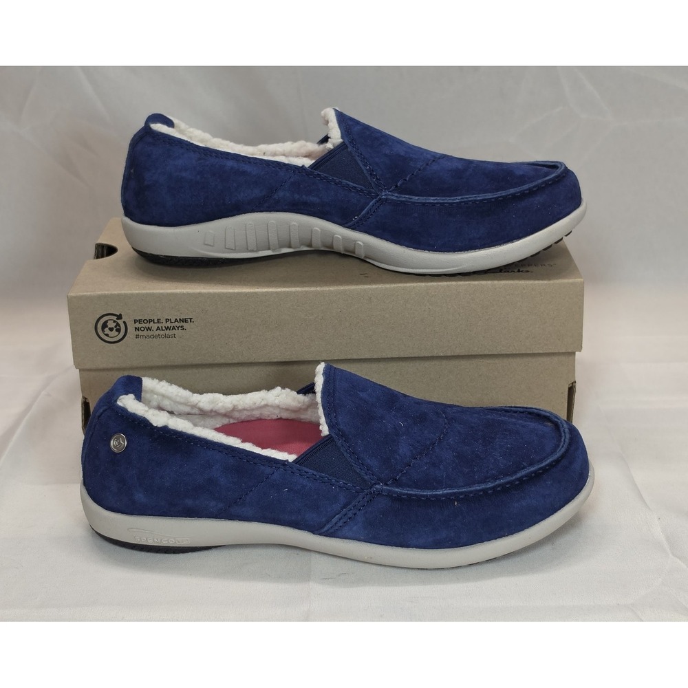 New Spenco Cozy Slip-on Fleece Lined Blue Suede Leather Slippers Women's Size 6